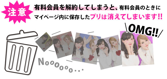 ・プリ画をすべて保存することができなくなります。(無料保存1枚のみ)<br> ・有料取得分のプリ画データはピクトリンクから削除されます。<br>